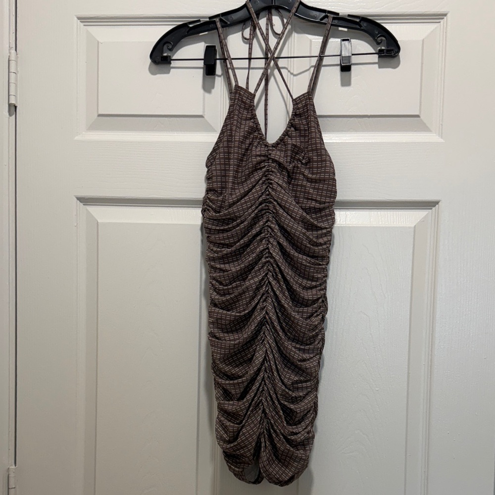 Brown Ruched Plaid Dress